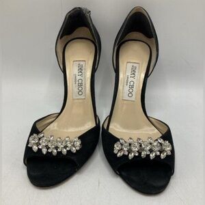 Jimmy Choo Black Suede Crystal Embellished Sandal Heels Pump Sz 36.5 us 6